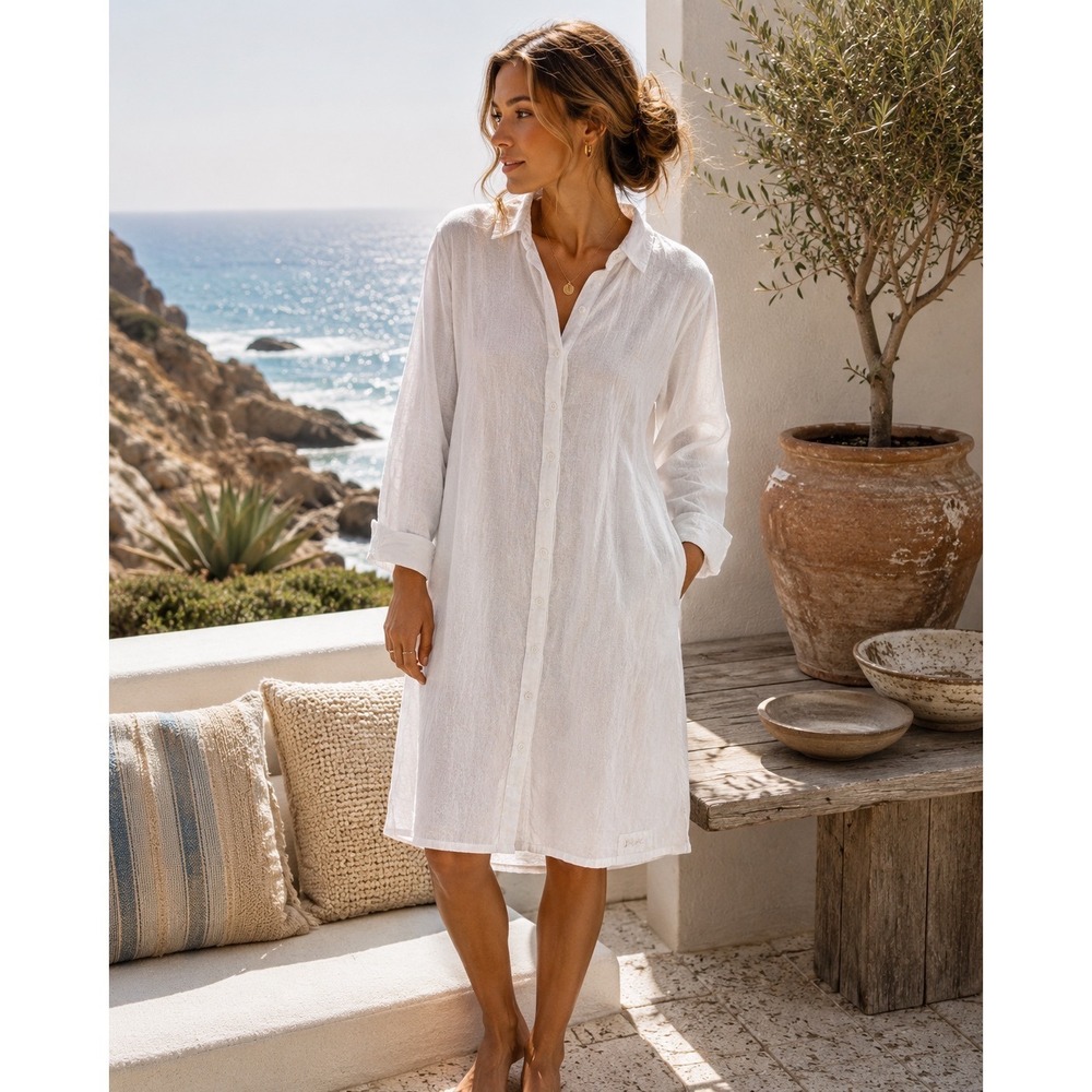 MM Button Down Dress Womens L White 100% Linen Oversized High-Low Long Sleeve
